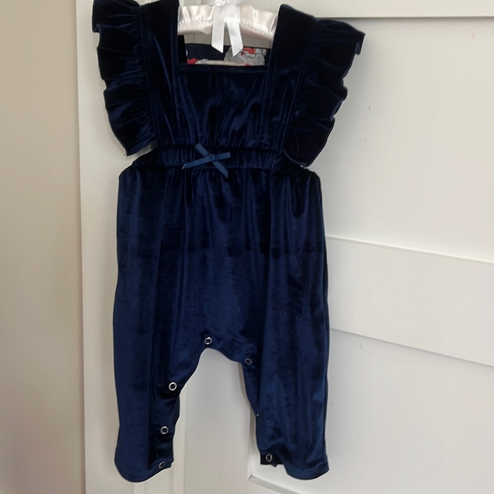 Pink chicken 6-12 navy velvet romper